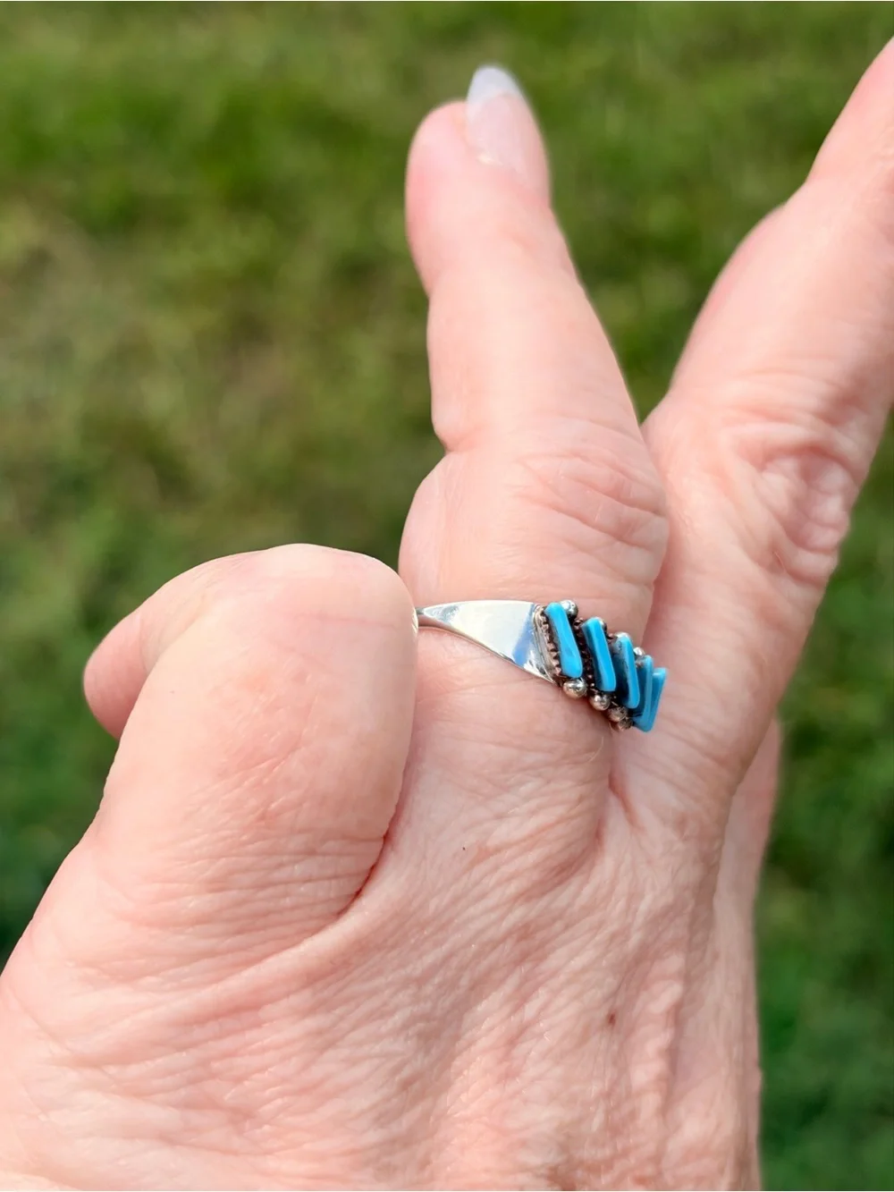 Cletus Lamy Signed 925 Sterling Silver Kingman Turquoise Inlay Chevron Ring